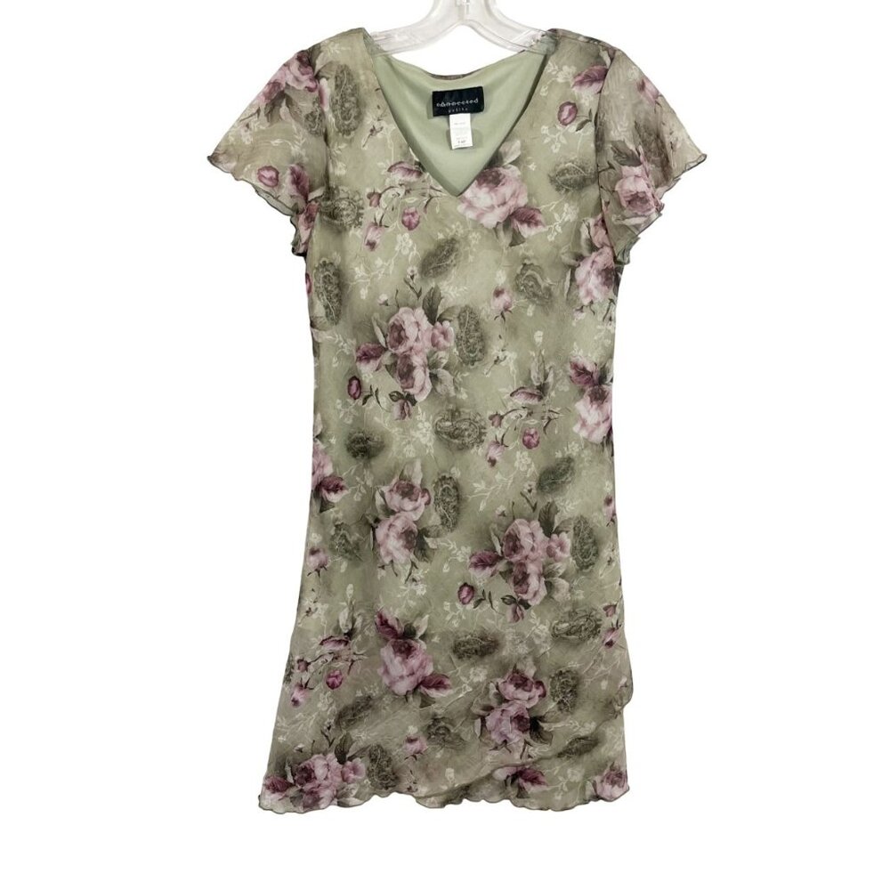 Vintage Y2K Fairy Grunge Green Distressed Floral Asymmetrical Hem Dress Size 14P